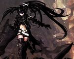  alternate_costume armor belt black_hair black_rock_shooter chain huke insane_black_rock_shooter long_hair midriff purple_eyes scar solo stitches thighhighs twintails uneven_twintails weapon 