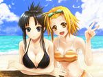  akiyama_mio beach bikini black_hair blonde_hair blue_eyes breasts brown_eyes brown_hair cleavage day goggles highres k-on! large_breasts les long_hair multiple_girls navel ocean open_mouth outdoors short_hair smile striped striped_bikini swimsuit tainaka_ritsu tomboy v yellow_eyes 