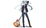 alternate_costume belt blazer blue_eyes blue_hair boots casual cross denim fashion green_eyes green_hair guitar hand_in_hair hatsune_miku instrument jacket jeans jewelry long_hair nagareboshi necklace non-web_source pants sleeves_rolled_up twintails vocaloid wallpaper wristband 