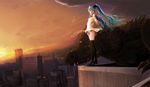  black_legwear cityscape cloud creature dress green_hair hatsune_miku highres jpeg_artifacts long_hair panties pantyshot rooftop shiika_sadamasa sky solo thighhighs twilight twintails underwear vocaloid wallpaper widescreen world_is_mine_(vocaloid) 