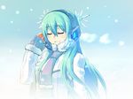  alternate_hairstyle chan_co closed_eyes green_hair hatsune_miku headphones long_hair necktie scarf snow solo upper_body vocaloid 