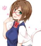  bespectacled bow breasts brown_hair cardigan commentary_request fake_tail fang glasses green_eyes idolmaster idolmaster_cinderella_girls looking_at_viewer looking_to_the_side maekawa_miku medium_breasts paws red-framed_eyewear red_bow rinrin_(927413) school_uniform short_hair solo sweater_vest tail 