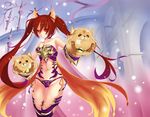  absurdres animal_ears armor armored_boots bare_shoulders bell bell_collar bikini_armor boots breasts cerberus_(shingeki_no_bahamut) cleavage collar collarbone dog_ears grin highres long_hair medium_breasts mrnn panties purple_panties red_armor red_eyes red_hair shingeki_no_bahamut side-tie_panties smile solo strapless twintails underwear 