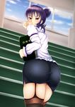  1girl ass blouse blush from_behind looking_at_viewer looking_back looking_down purple_hair pyonpyonmaru red_eyes senran_kagura senran_kagura_(series) shiny shiny_hair shiny_skin skirt solo suzune_(senran_kagura) thighhighs 