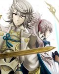  armor back-to-back blue_cape bow_(weapon) cape dutch_angle fire_emblem fire_emblem_if fuujin_yumi hypertrampo long_hair male_focus male_my_unit_(fire_emblem_if) multiple_boys my_unit_(fire_emblem_if) petals ponytail red_eyes silver_hair simple_background sword takumi_(fire_emblem_if) weapon white_background 
