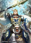  armor blonde_hair blue_eyes cape company_name fire_emblem fire_emblem_cipher fire_emblem_if gloves grin harold_(fire_emblem_if) horse male_focus nekobayashi official_art open_mouth polearm rock shield smile solo sparkle spear teeth weapon 