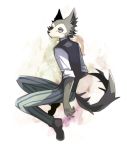  ambiguous_gender beastars boots canine clothed clothing ear_tuft footwear fully_clothed fur grey_fur half-closed_eyes mammal nishiroyago pants rolled_up_sleeves simple_background solo striped_pants suit tuft vest white_fur white_shirt wolf 
