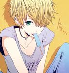  blonde_hair choker denim food green_eyes ice_cream jeans pants ryuga_(balius) shirt short_hair sleeveless solo t-shirt 