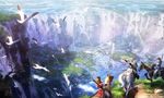  2girls absurdres arm_up arrow bird black_hair blurry bow_(weapon) brown_hair building depth_of_field fantasy flying grass highres horizon horse horseback_riding landscape long_hair looking_back looking_up multiple_girls original outstretched_arm ponytail quiver rainbow riding river scenery shadow shiki_makoto signature swan sword town water waterfall weapon white_hair 