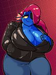  anthro big_breasts blue_skin breasts clothing dworven_(artist) eye_patch eyewear hair invalid_tag jacket leather leather_jacket marine monster overweight red_hair slightly_chubby solo thick_thighs undertale undyne video_games 