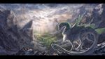  aaros_(artist) ambiguous_gender black_bars day detailed_background detailed_fur digitigrade dragon feathered_dragon feathers feral green_feathers long_tail nude outside solo standing white_feathers 