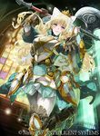  armor axe belt blonde_hair blue_eyes blush boots bow breasts charlotte_(fire_emblem_if) crown daigoman fire_emblem fire_emblem_cipher fire_emblem_if gloves grin hair_bow holding holding_axe large_breasts leg_up long_hair official_art outstretched_hand pantyhose shield skirt smile solo stained_glass thigh_boots thighhighs wavy_hair weapon white_legwear 