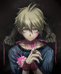  amami_rantarou blood blood_on_face bloody_clothes danganronpa disembodied_limb ear_piercing edaki14 green_eyes green_hair highres jewelry looking_at_viewer male_focus new_danganronpa_v3 piercing pink_blood ring shirt smile solo strangling striped striped_shirt thumb_ring upper_body 