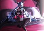  bare_shoulders blue_eyes blue_hair breasts hatsune_miku highres long_hair looking medium_breasts on_bed saggitary sample skirt smirk solo thighhighs twintails very_long_hair vocaloid 