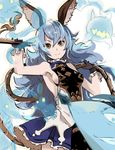  animal_ears arms_up bare_shoulders belt black_gloves blue_hair blue_skirt breasts bunny_ears commentary dress erune ferry_(granblue_fantasy) gloves granblue_fantasy hair_between_eyes holding holding_weapon jewelry long_hair looking_at_viewer lowres medium_breasts no_bra okuba sideboob skirt smile solo wavy_hair weapon whip yellow_eyes 