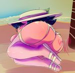  bayonetta big_butt black_hair blush butt clothing crossgender damianvertigo eyewear female footwear glasses hair hat huge_butt kirby kirby_(series) legwear nintendo rear_view sandals sea skirt solo stockings super_smash_bros video_games water 