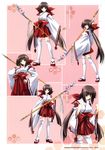  absurdres brown_hair character_sheet concept_art fighting_stance hand_on_hip highres holding holding_weapon japanese_clothes kumon_waka long_hair looking_at_viewer miko multiple_views naginata non-web_source open_mouth phantom_breaker polearm sandals simple_background standing suzuhira_hiro thighhighs very_long_hair weapon white_legwear wide_sleeves 