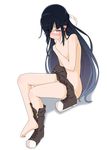  black_hair blush boots_removed covering covering_breasts eyes_visible_through_hair hair_over_one_eye hayashimo_(kantai_collection) highres kantai_collection long_hair looking_at_viewer nude purple_eyes ru2n131 sitting solo sweatdrop very_long_hair 