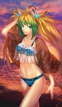  absurdres animal_ears atalanta_(fate) beach bikini blonde_hair fate/apocrypha fate/grand_order fate_(series) gradient_hair green_eyes green_hair hair_bobbles hair_ornament highres long_hair multicolored_hair navel nekotawawa official_art resized shawl solo swimsuit tail twilight_memory twintails upscaled waifu2x 