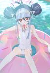  1girl absurdres antenna_hair bare_arms bare_legs bare_shoulders blue_archive blue_hair breasts covered_navel double_bun feet_out_of_frame fubuki_(blue_archive) fubuki_(swimsuit)_(blue_archive) grey_hair hair_bun halo highres innertube kurobeko_(kur0bek0) official_alternate_costume one-piece_swimsuit pink_halo red_eyes school_swimsuit short_hair small_breasts solo swim_ring swimsuit water whistle whistle_around_neck white_one-piece_swimsuit 