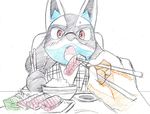  2016 black_fur blue_fur chopsticks cute feeding food fur human lucario mammal nintendo pok&eacute;mon q太郎 red_eyes rice simple_background solo sushi video_games white_background 