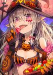  adapted_costume bow braid candy chocolate cleavage_cutout facepaint flat_chest food gloves hair_bow halloween hat hoshi_shouko idolmaster idolmaster_cinderella_girls idolmaster_cinderella_girls_starlight_stage lamppost licking lollipop long_hair madaragi pointy_ears pumpkin purple_eyes silver_hair single_braid solo sweets witch_hat 