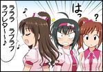  1koma 3girls ahoge azumanga_daiou black_hair bow brown_hair closed_eyes comic commentary_request eighth_note hair_bow idolmaster idolmaster_cinderella_girls igarashi_kyouko kishi_nisen kohinata_miho long_hair love_letter_(idolmaster) multiple_girls musical_note one_side_up open_mouth parody pink_check_school shimamura_uzuki short_hair side_ponytail speech_bubble translated 