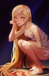  :q bangs barefoot blood blood_on_face breasts dress duplicate fang feet godsh0t highres kiss-shot_acerola-orion_heart-under-blade kizumonogatari licking_lips long_hair monogatari_(series) naughty_face parted_bangs pointy_ears small_breasts solo squatting strap_slip toes tongue tongue_out very_long_hair white_dress 
