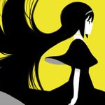  akemi_homura ange_(angeban93) black_eyes black_hair closed_mouth dress expressionless funeral_dress hairband homulilly long_hair mahou_shoujo_madoka_magica profile simple_background solo very_long_hair yellow_background 