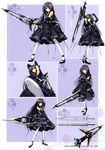  absurdres black_hair blue_eyes character_sheet closed_eyes detached_sleeves dress elbow_gloves fighting_stance full_body gloves headdress highres holding holding_weapon lolita_fashion long_hair looking_at_viewer multiple_views nishina_mikoto non-web_source phantom_breaker shoes simple_background standing suzuhira_hiro sword thighhighs weapon white_legwear 