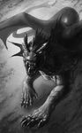  aaros_(artist) claws dragon feral greyscale horn male membranous_wings monochrome nude open_mouth solo standing teeth tongue wings 