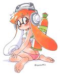  ass barefoot butt_crack domino_mask feet headphones ink_tank_(splatoon) inkling long_hair looking_at_viewer looking_back marker_(medium) mask orange_eyes orange_hair oyatsu_(mk2) panties pink_panties sitting soles solo splatoon_(series) splatoon_1 splattershot_(splatoon) tentacle_hair toes traditional_media twitter_username undersized_clothes underwear wariza 