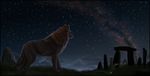  ambiguous_gender black_nose brown_fur canine detailed_fur feral fur grass grey_fur hindpaw mammal night outside paws sidonie sky solo standing star starry_sky wolf 
