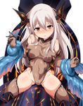  bangs bare_shoulders blurry blush body_blush boots breasts breasts_apart cameltoe colo_mag-chan colossus_(granblue_fantasy) covered_collarbone covered_navel depth_of_field draph elbow_gloves embarrassed gloves glowing granblue_fantasy grey_gloves grey_legwear groin hair_between_eyes hair_over_breasts halterneck highleg highleg_leotard highres horns knee_boots leotard leviathan_(granblue_fantasy) long_hair looking_at_viewer medium_breasts neon_trim nose_blush parted_bangs parted_lips pointy_ears red_eyes restrained riding shiny shiny_clothes short_pointy_ears sidelocks silver_hair simple_background sitting skin_tight solo spread_legs straddling sweat taut_clothes tentacles thighhighs thighs turtleneck umakatsuhai very_long_hair white_background wrist_grab 
