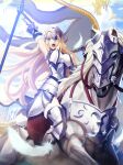  1girl animal aora arm_up armor armored_dress armpits artist_name blonde_hair blue_eyes breasts chain fate/apocrypha fate_(series) feathers flag gauntlets greaves headpiece highres horse horseback_riding jeanne_d'arc_(fate) jeanne_d'arc_(third_ascension)_(fate) large_breasts long_hair looking_at_viewer open_mouth polearm riding solo spear weapon white_feathers yellow_eyes 