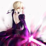  absurdres artoria_pendragon_(all) choker dark_excalibur fate/stay_night fate_(series) highres looking_at_viewer looking_back minarai_tenna saber_alter short_hair shoulder_blades solo yellow_eyes 