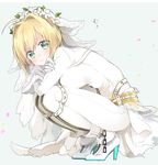  ahoge ankle_boots bangs belt blonde_hair bodysuit boots breasts bridal_veil chain closed_mouth dress fate/extra fate/extra_ccc fate_(series) flower gloves green_eyes hair_flower hair_ornament head_wreath high_heel_boots high_heels highres large_breasts leg_hug long_sleeves looking_at_viewer md5_mismatch nero_claudius_(bride)_(fate) nero_claudius_(fate)_(all) simple_background sino_(sionori) skin_tight solo squatting thigh_strap thighhighs translation_request veil white_bodysuit white_dress white_footwear white_gloves white_legwear zipper 