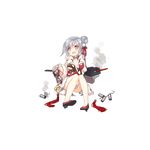  alternate_costume bare_legs between_breasts blush breasts broken brown_eyes cannon china_dress chinese_clothes cleavage_cutout damaged depth_charge dress eyebrows eyebrows_visible_through_hair fang floral_print full_body fur_trim grey_hair hair_bun hand_between_breasts holding large_breasts long_sleeves looking_at_viewer machinery official_art open_mouth ping_hai_(zhan_jian_shao_nyu) red_dress red_footwear red_ribbon ribbon rigging saru shoes sitting smoke smokestack solo tassel torn_clothes transparent_background turret zhan_jian_shao_nyu 