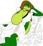  anthro big_breasts blue_eyes breasts brown_hair clothing female hair huge_breasts lizard reptile samantha_brooks sarcolopter scalie simple_background sitting solo 