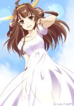  breasts brown_eyes brown_hair cleavage collarbone dress from_below hair_ornament hand_in_hair kantai_collection kongou_(kantai_collection) long_hair looking_at_viewer medium_breasts ookami_maito see-through see-through_silhouette solo sundress white_dress 