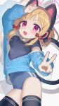  1girl animal_ear_headphones animal_ears arm_up black_shirt black_thighhighs blonde_hair blue_archive blue_buruma blue_jacket blush bow breasts buruma cat_ear_headphones cat_tail cosplay fake_animal_ears fake_tail gym_uniform hair_bow halo headphones highres jacket long_sleeves looking_at_viewer momoi_(blue_archive) monemasu open_mouth partially_unzipped pink_halo red_bow red_eyes shirt short_hair short_sleeves simple_background small_breasts smile solo sweat tail thighhighs thighs track_jacket v white_background yuuka_(blue_archive) yuuka_(blue_archive)_(cosplay) yuuka_(track)_(blue_archive) zoom_layer 