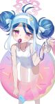 1girl antenna_hair bare_arms bare_legs bare_shoulders blue_archive blue_hair blush breasts double_bun feet_out_of_frame food fubuki_(blue_archive) fubuki_(swimsuit)_(blue_archive) hair_bun halo highres holding holding_food holding_megaphone innertube looking_at_viewer megaphone monemasu multicolored_hair official_alternate_costume one-piece_swimsuit pink_halo popsicle red_eyes school_swimsuit short_hair simple_background small_breasts solo swim_ring swimsuit whistle whistle_around_neck white_background white_one-piece_swimsuit 