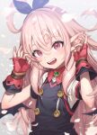  1girl ear_focus fangs fingerless_gloves gloves hair_between_eyes hairband hand_fan hand_on_own_ear highres long_hair looking_at_viewer narumi_arata original pointy_ears pulling_own_ear recri_(narumi_arata) red_eyes red_gloves solo 