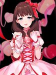  bare_shoulders blue_eyes bow brown_hair choker dress gloves hair_bow hairband heart homua idolmaster idolmaster_cinderella_girls idolmaster_cinderella_girls_starlight_stage looking_at_viewer open_mouth pink_dress pinky_out puffy_short_sleeves puffy_sleeves red_string sakuma_mayu short_hair short_sleeves smile solo string 