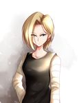  android_18 black_shirt blonde_hair blue_eyes collarbone dragon_ball earrings highres jewelry looking_at_viewer mrnn shirt short_hair smile solo upper_body 
