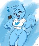  &lt;3 2019 anthro avian big_breasts bird blue_eyes blue_feathers bottomless breasts cellphone clothed clothing digital_media_(artwork) feathers female joaoppereiraus meme phone shirt simple_background thick_thighs tweetfur twitter wings 