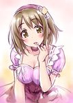  blush breasts brown_eyes brown_hair cleavage hair_ornament highres idolmaster idolmaster_cinderella_girls large_breasts looking_at_viewer mimura_kanako open_mouth satogo short_hair solo tongue tongue_out whipped_cream 
