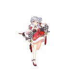  :d alternate_costume ankle_ribbon bare_legs blush breasts brown_eyes cannon china_dress chinese_clothes cleavage_cutout depth_charge dress eyebrows eyebrows_visible_through_hair fang floral_print full_body fur_trim grey_hair hair_bun holding large_breasts long_sleeves looking_at_viewer machinery official_art open_mouth ping_hai_(zhan_jian_shao_nyu) red_dress red_footwear red_ribbon ribbon rigging saru shoes smile smokestack solo standing standing_on_one_leg tassel transparent_background turret zhan_jian_shao_nyu 