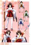  absurdres brown_hair character_sheet concept_art hand_on_hip highres holding holding_weapon japanese_clothes kumon_waka long_hair looking_at_viewer miko multiple_views naginata non-web_source open_mouth phantom_breaker polearm sandals simple_background smile standing suzuhira_hiro thighhighs very_long_hair weapon white_legwear wide_sleeves 