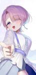  1girl arimura_mao blue_eyes blush breasts center_frills cowboy_shot earrings eyes_visible_through_hair foreshortening frills gakuen_idolmaster grey_shorts hair_over_one_eye highres idol_clothes idolmaster index_finger_raised jewelry long_sleeves looking_at_viewer medium_breasts monemasu open_mouth parted_bangs pink_hair pointing pointing_at_viewer shirt short_hair short_shorts shorts sideways_glance simple_background single_center_frill smile solo suspenders sweat white_background white_shirt 